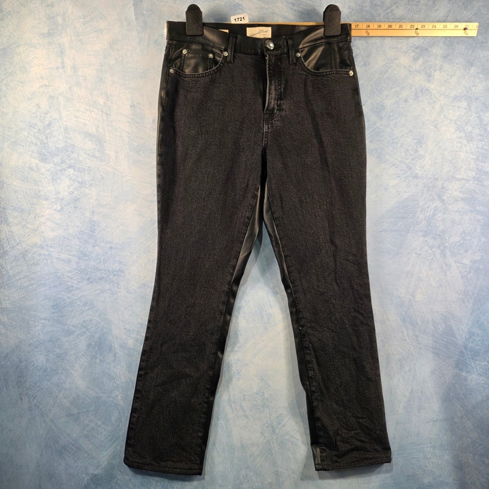 Universal Thread Womens Mid-Rise 80s Slim Black Denim Faux Leather Mixed Med 10R